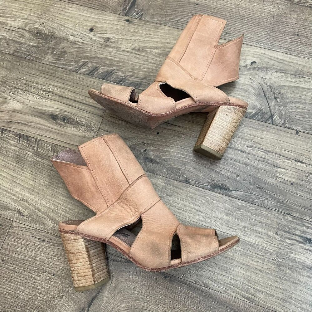 FREE PEOPLE Effie Stacked Heel Tan Leather Sandals Open Toe Ankle Booties